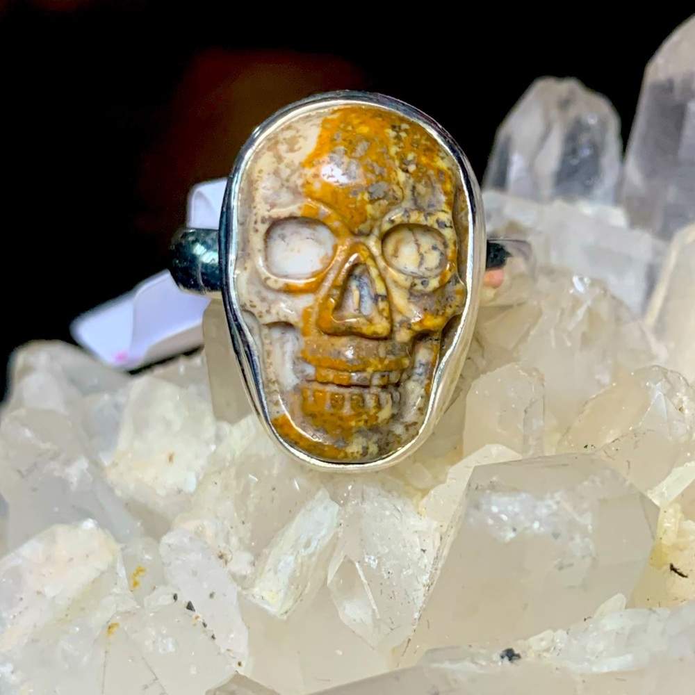 Solid Sterling Carved Jasper Skull Ring - image 1